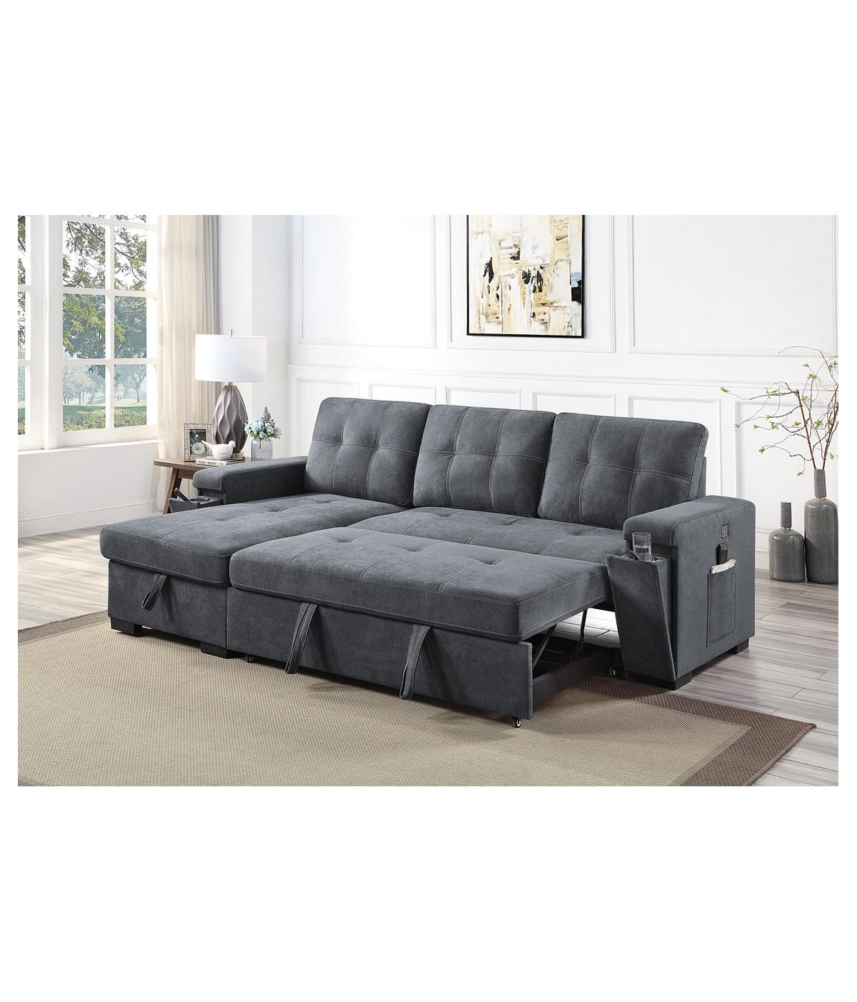 Homlux 95"W Gray Woven Fabric Reversible Sleeper Sectional Sofa with Storage Chaise Cup Holder Charging Ports and Pockets