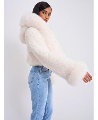 Women's Kali White Cropped Faux Fur Jacket With Hood