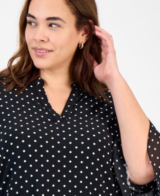Plus Size Dot-Print Flutter-Sleeve Blouse