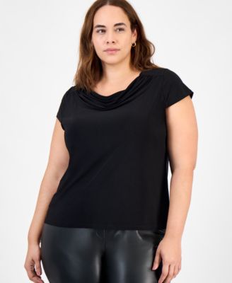 Plus Size Stretch Knit Short-Sleeve Cowl-Neck Top