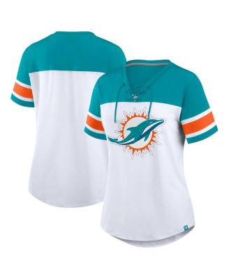Fanatics - Women's White/Aqua Miami Dolphins Athena Rhinestone Lace-Up V-Neck T-Shirt