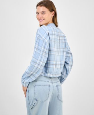 Juniors' Plaid-Print Bomber Jacket