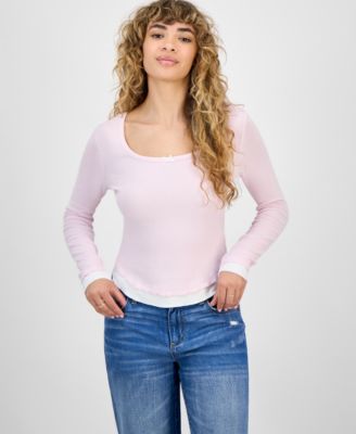Juniors' Ribbed Layered-Look Long-Sleeve with Bow