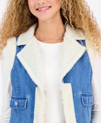 Juniors' Open-Front Denim Sherpa Vest