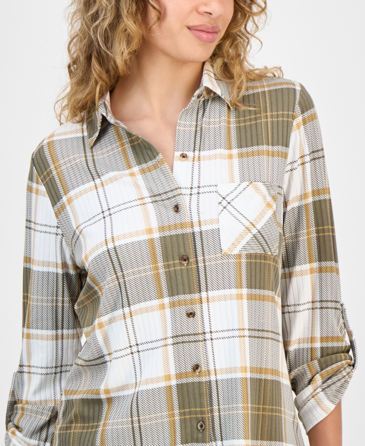 Just Polly Juniors' Plaid Knit Shirt In Multi