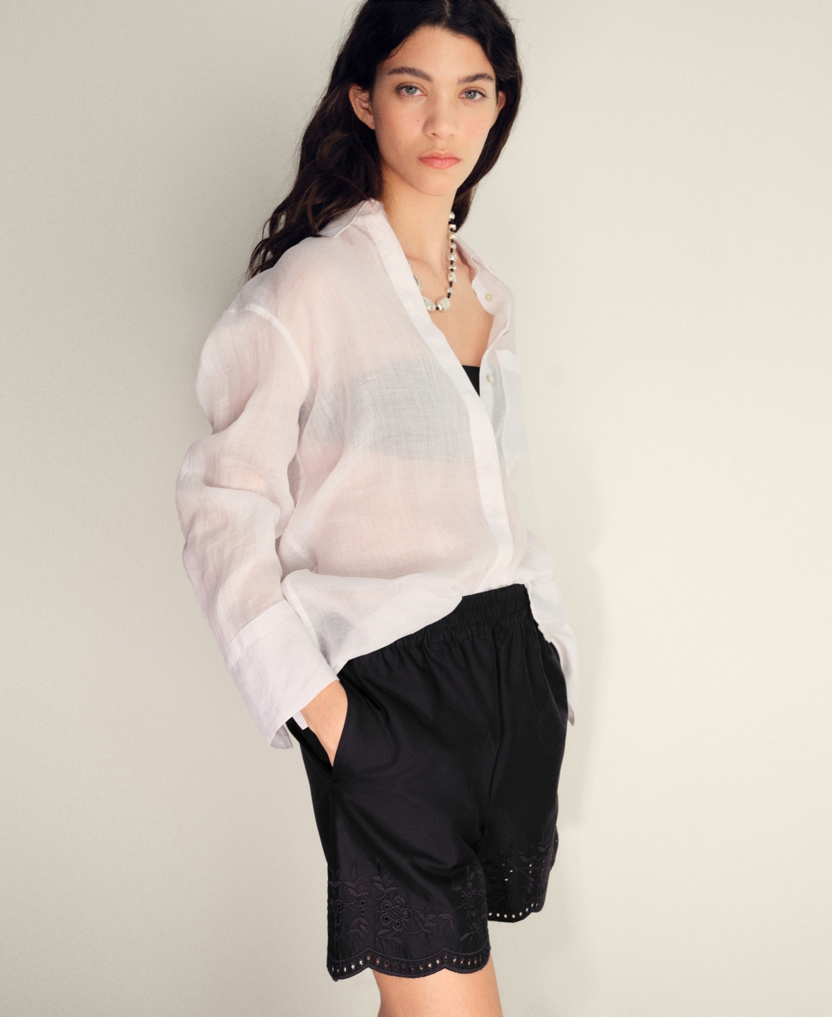 Mango Embroidered Satin Shorts In Black