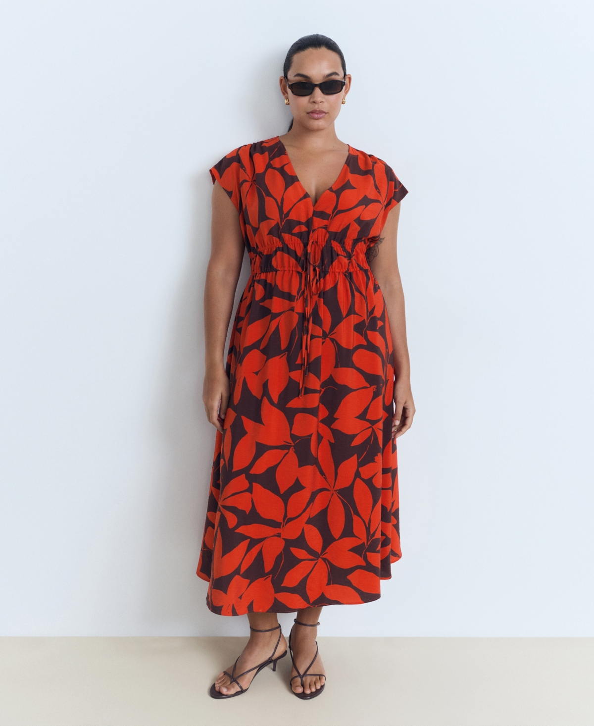 Mango Print Tie Waist Dress In Red