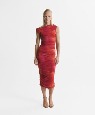 MANGO - Women's Asymmetrical Neckline Floral Midi Dress