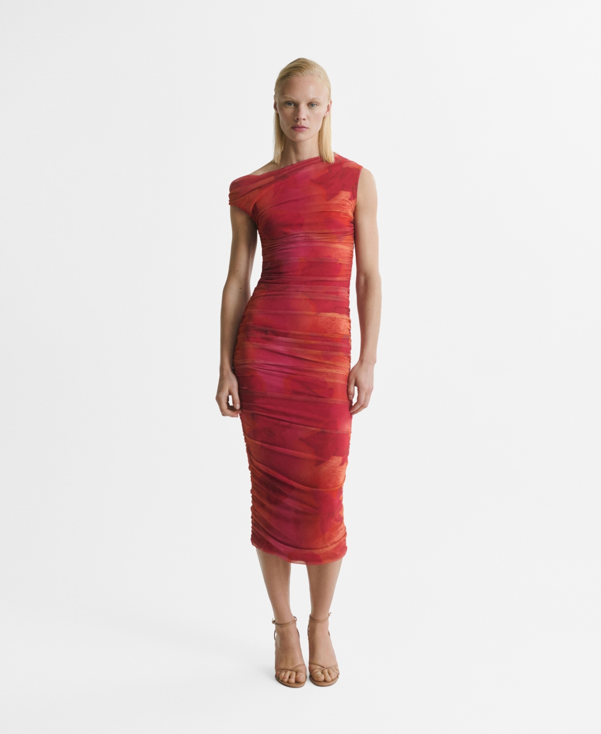 Mango Women's Asymmetrical Neckline Floral Midi Dress In Pink