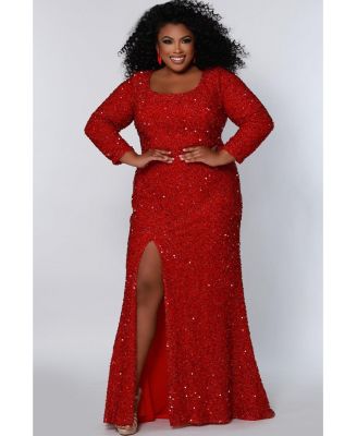 Women's Long Sleeve Fitted Scoop Neck Sequin Plus Size Gown