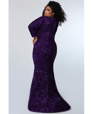Women's Long Sleeve Fitted Scoop Neck Sequin Plus Size Gown