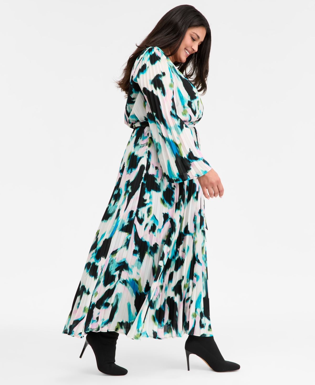Inc International Concepts Plus Size Printed Pleated Maxi Dress, Macy's Exclusive In Blue
