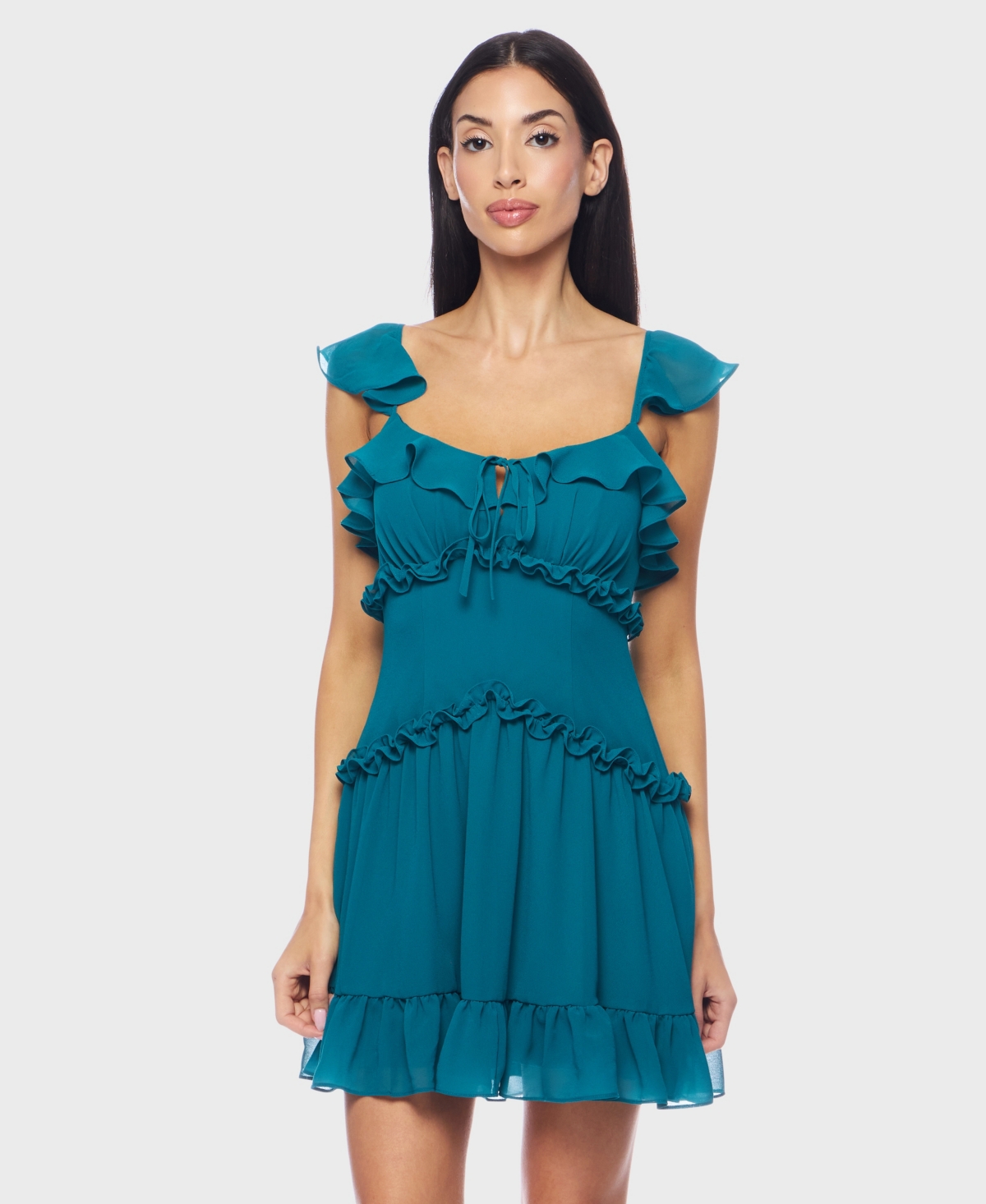 Juniors' Flutter-Strap Chiffon Tiered A-Line Mini Dress - Turq/Aqua