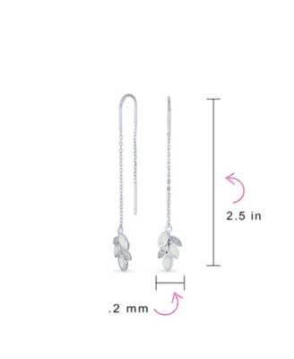 Leaf Feather White Iridescent Created Opal Inlay Long Chain Dangle Threader Earrings Sterling Silver
