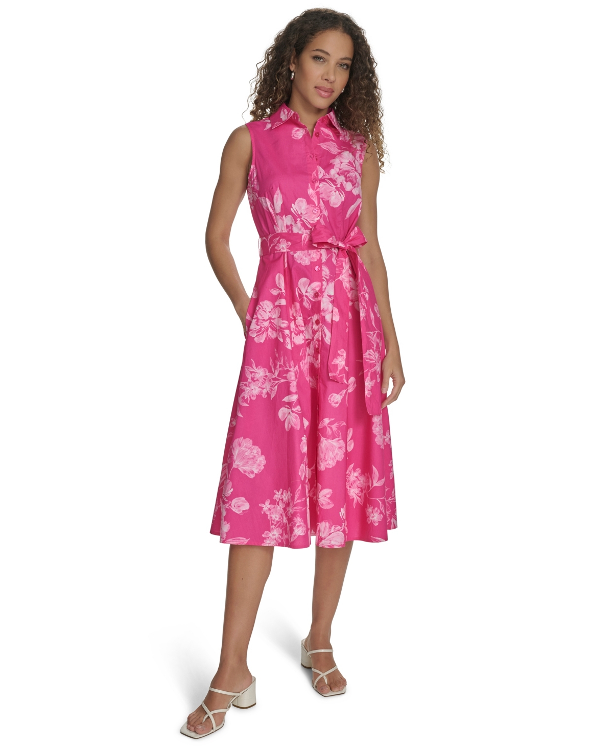 Women's Printed Cotton Tie-Waist Shirtdress - Hibiscus Multi