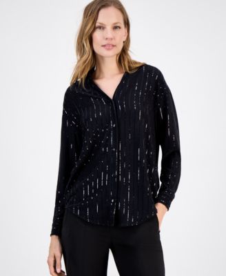 Anne Klein - Women's Metallic-Stripe Split-Neck Blouse