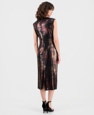 Women's Printed Metallic Sleeveless Midi Dress