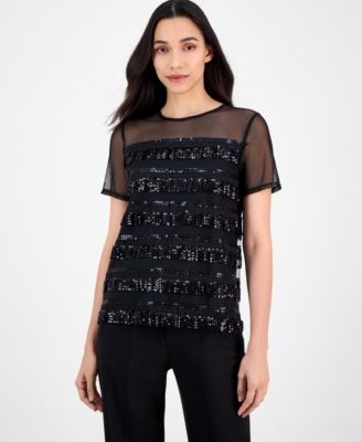 Anne Klein - Women's Crewneck Sequin-Fringe-Trim Top