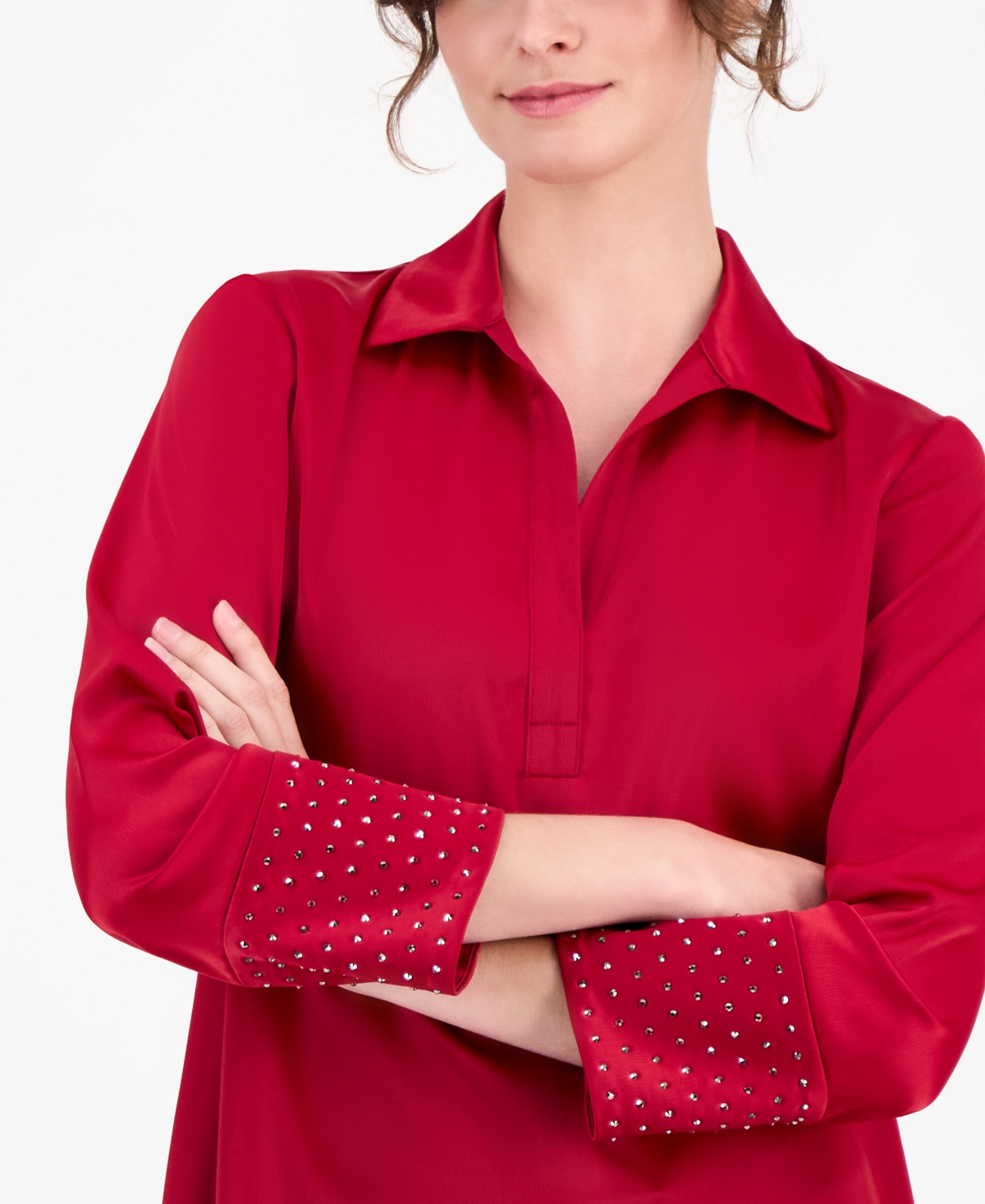 Anne Klein Plus Size Satin-collar Embellished-cuff Tunic In Red