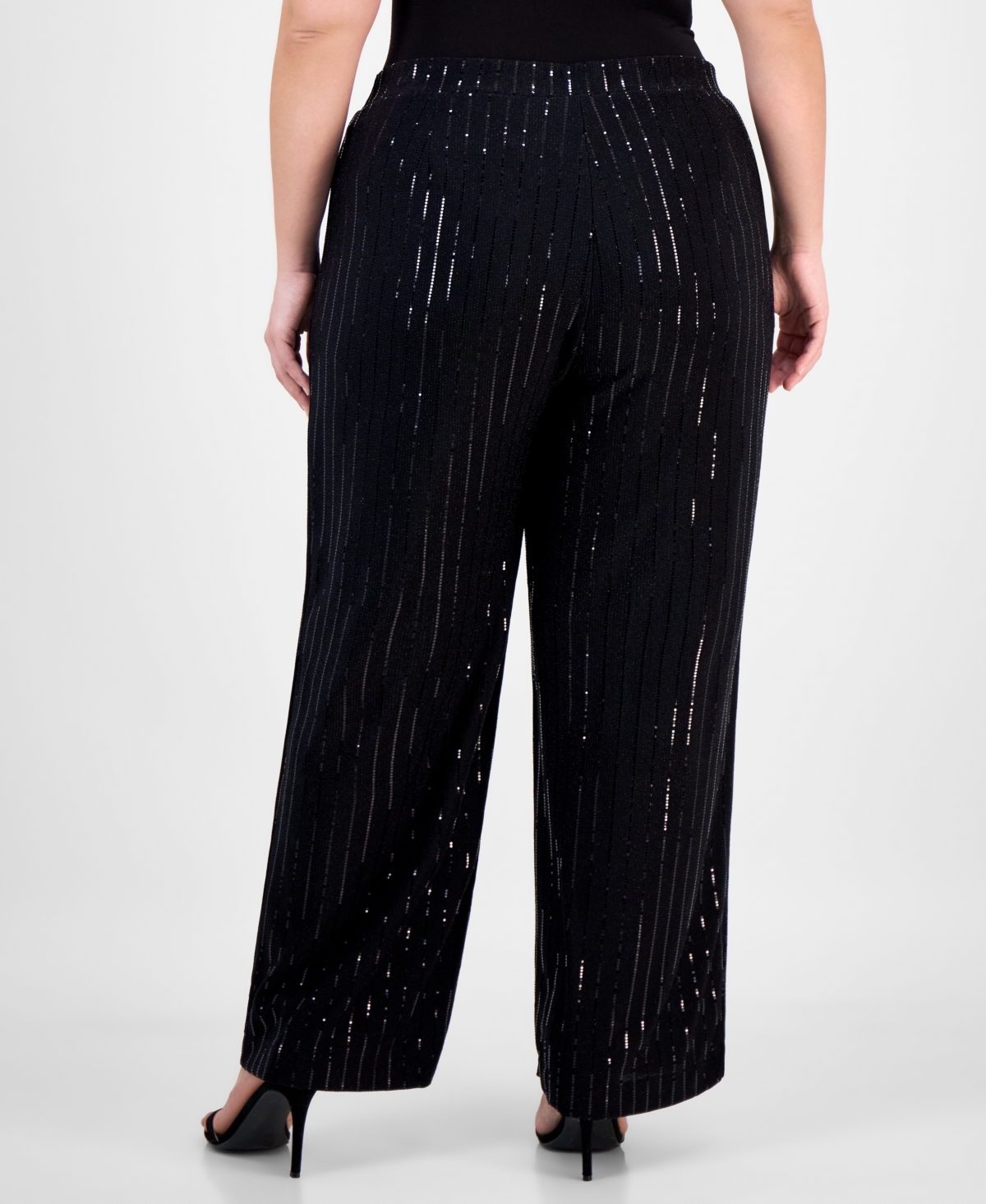 Anne Klein Plus Size Sequin Pinstripe High-rise Wide-leg Pants In Black