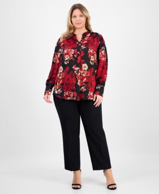 Plus Size Printed Pleat-Front Split-Neck Blouse