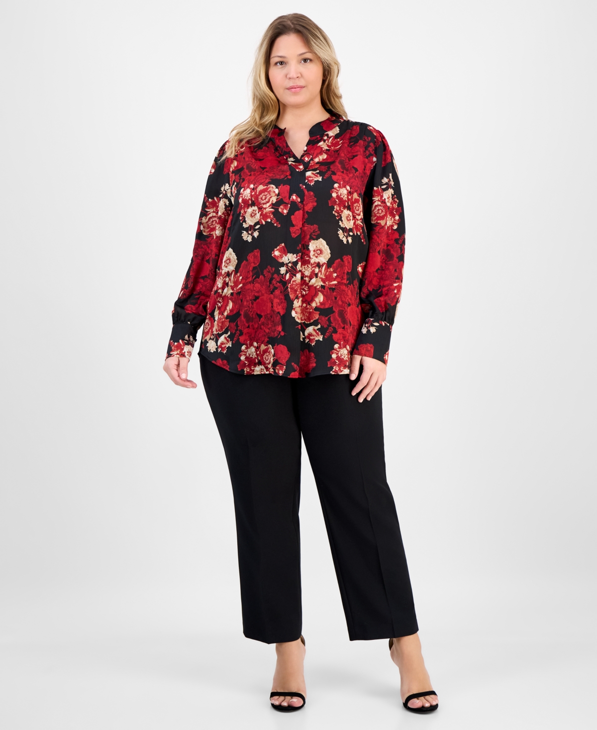 Anne Klein Plus Printed Pleat-Front Split-Neck Blouse