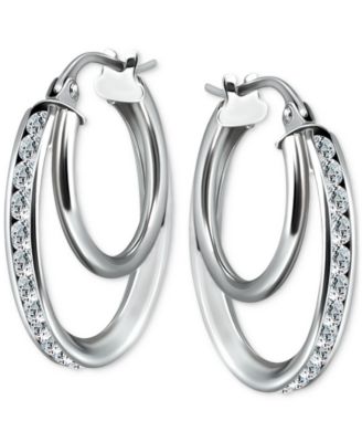 Cubic Zirconia Square Double Small Hoop Earrings in Sterling Silver, 0.75", Exclusively at Macy's