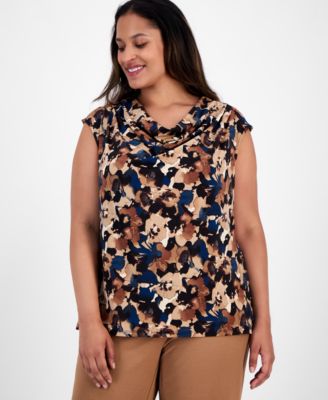 Anne Klein - Plus Size Printed Cowl-Neck Sleeveless Blouse