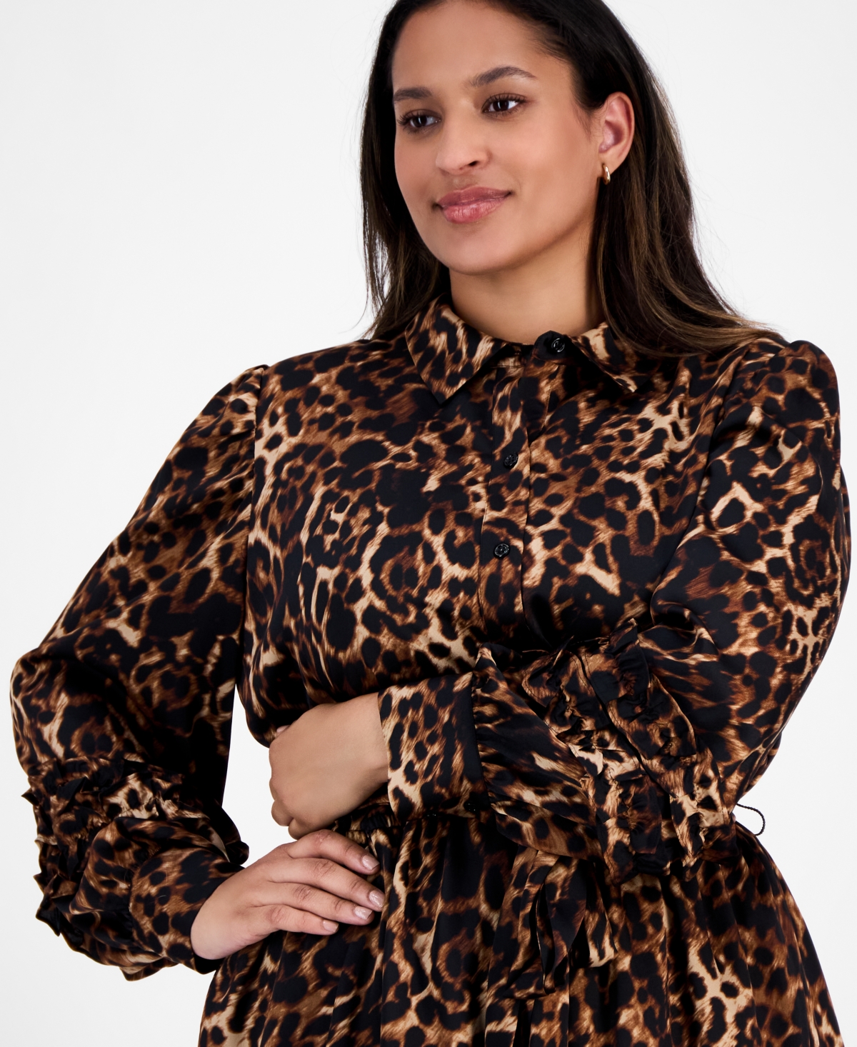 Anne Klein Plus Printed Button-Front Tie-Waist Tiered Dress