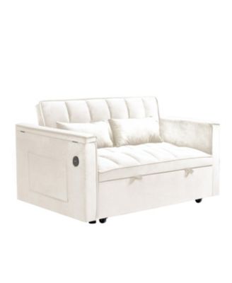 Foldable Velvet Sofa Bed with USB Desk (Beige)