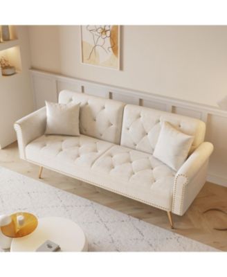 Beige Velvet Sofa Bed with Nailhead Trim & Throw Pillow