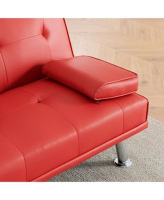 Red Leather Double Folding Sofa Bed with Table