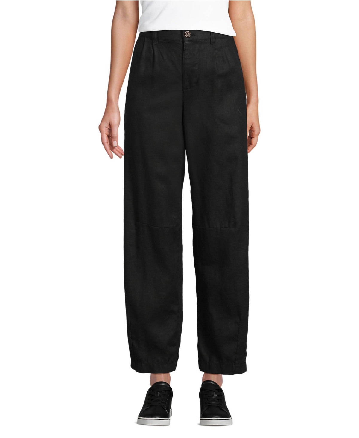 Women's Linen High Rise Pleated Barrel Leg Ankle Pants - Black