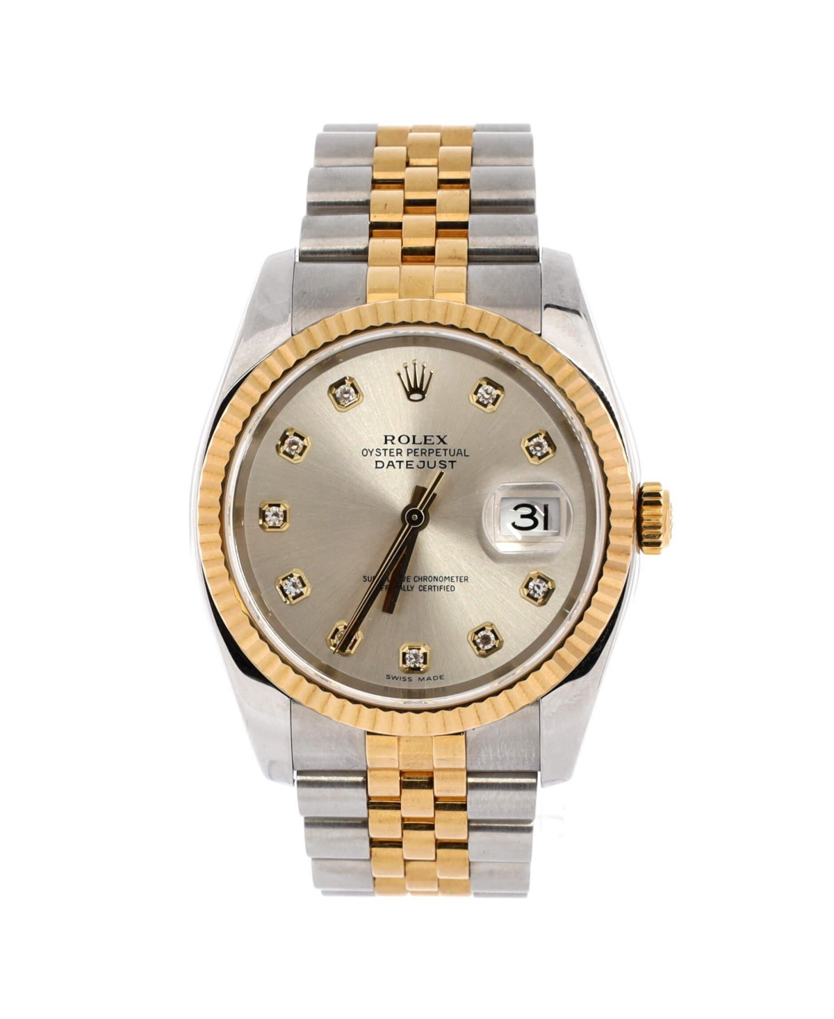 Oyster Perpetual Datejust Automatic Watch in Stainless Steel and Gold with Diamond Markers 36mm - Dial color: silver