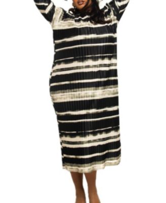 Women's Long Sleeved Striped Plisse Midi Dress
