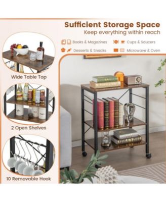 3-Tier Kitchen Baker&#39;s Rack with Microwave Shelf, Storage Hooks, and Utility Cart
