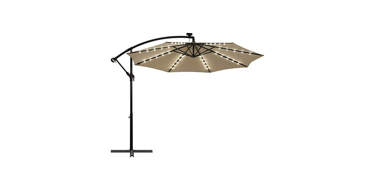 10 Feet 360&#xB0; Rotation Solar Powered Led Patio Offset Umbrella without Weight Base - Navy
