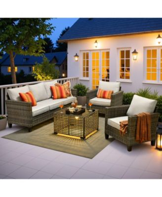 4 Pieces Outdoor Patio Furniture Set,Outside Conversation Set with All-Weather Wicker Sofa,Deep Seating Cushions and Solar Powered Coffee Table