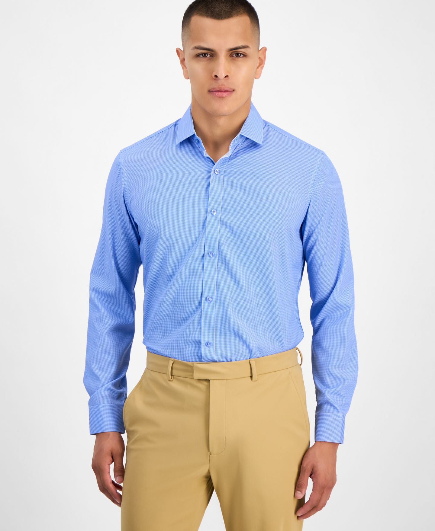 Мужская рубашка Tom Baine Slim-Fit Performance Four-Way Stretch Mini Plaid Dress Shirt, цвет: Синий — фото 1