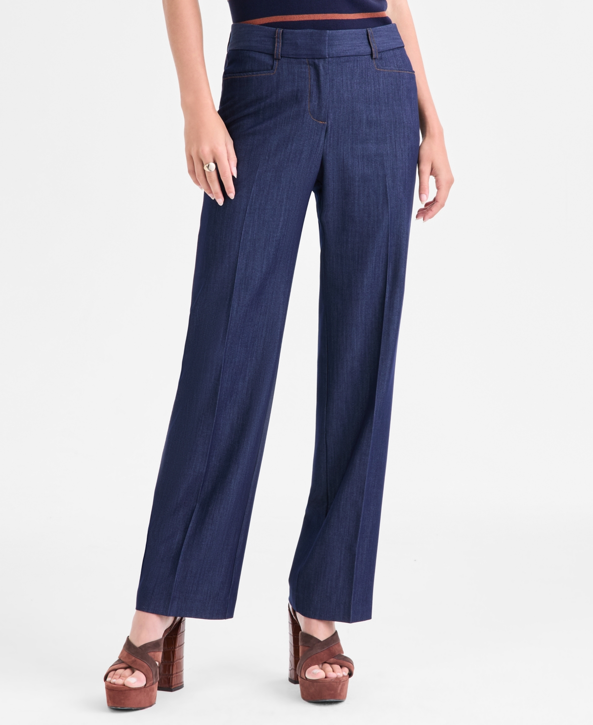 Tahari Asl Women's High-rise Press-pleat Denim Pants In Blue