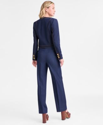 Women's Denim Cropped Jacket, Striped Sweater T-Shirt, & Denim Trousers