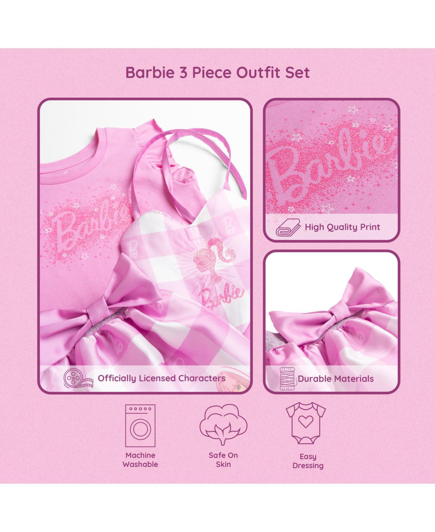 Детский комплект Barbie Little Girls T-Shirt and Skirt Set, цвет: Розовый в мелкую клетку — фото 7