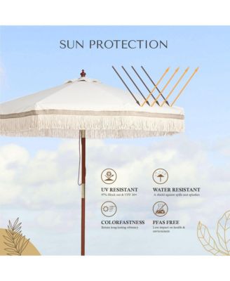 7' Patio Beige Umbrella with Tassels UPF50+ Boho Style 5-Year-Non-Fading for Outdoor,Model:BH7W-01P