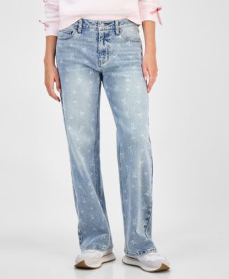 Juniors' Mid-Rise Bow-Print Baggy Jeans