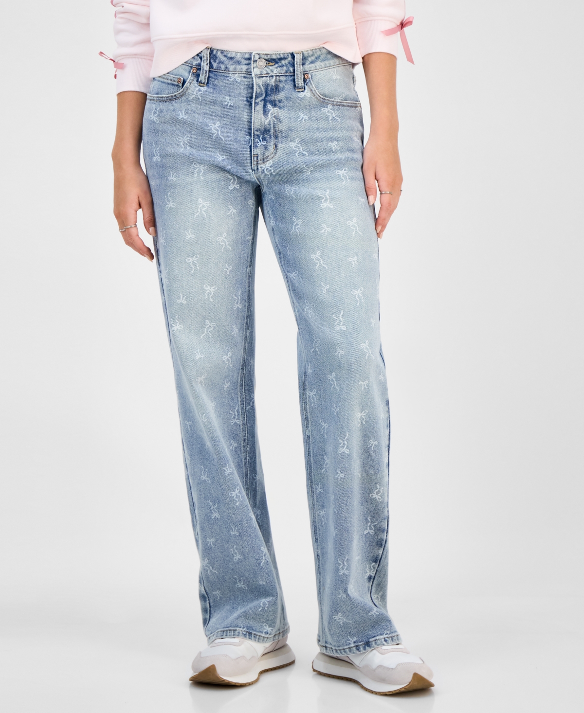 Tinseltown Juniors' Mid-rise Bow-print Baggy Jeans In Blue
