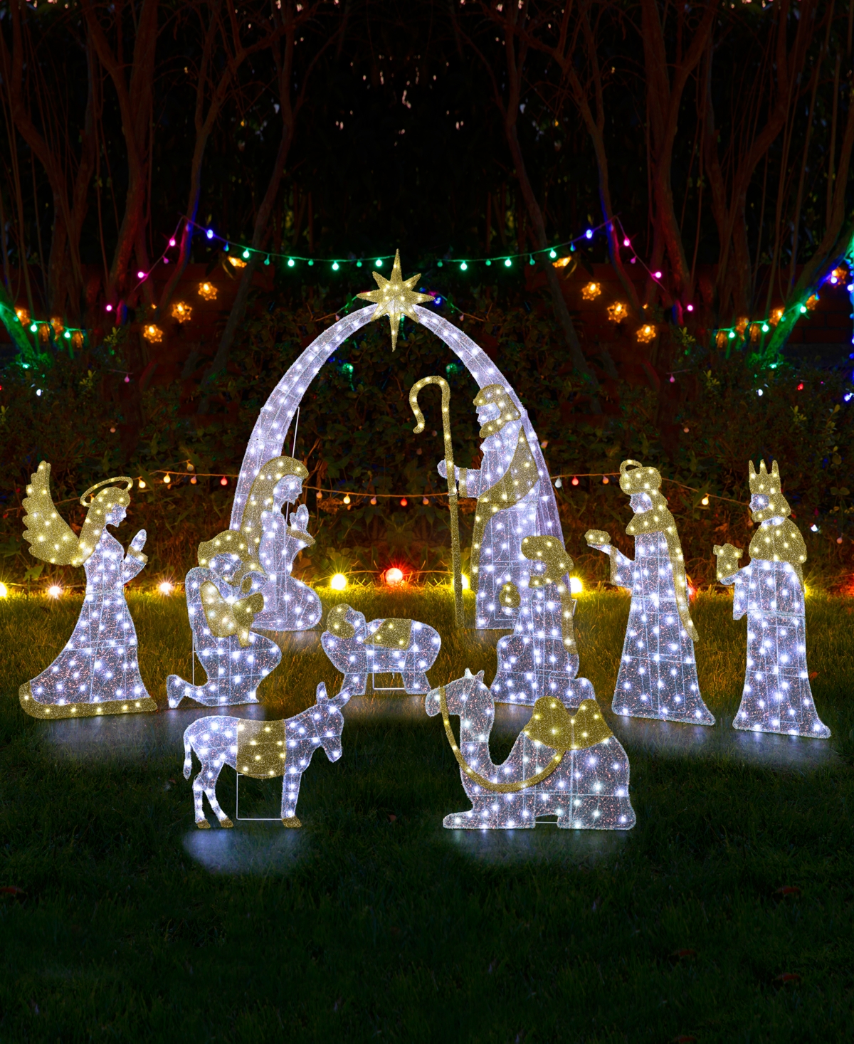 Glitzhome Lighted Fabric Christmas 2d Iridescent Nativity Scene Outdoor Decor, Set Of 11 In Multi