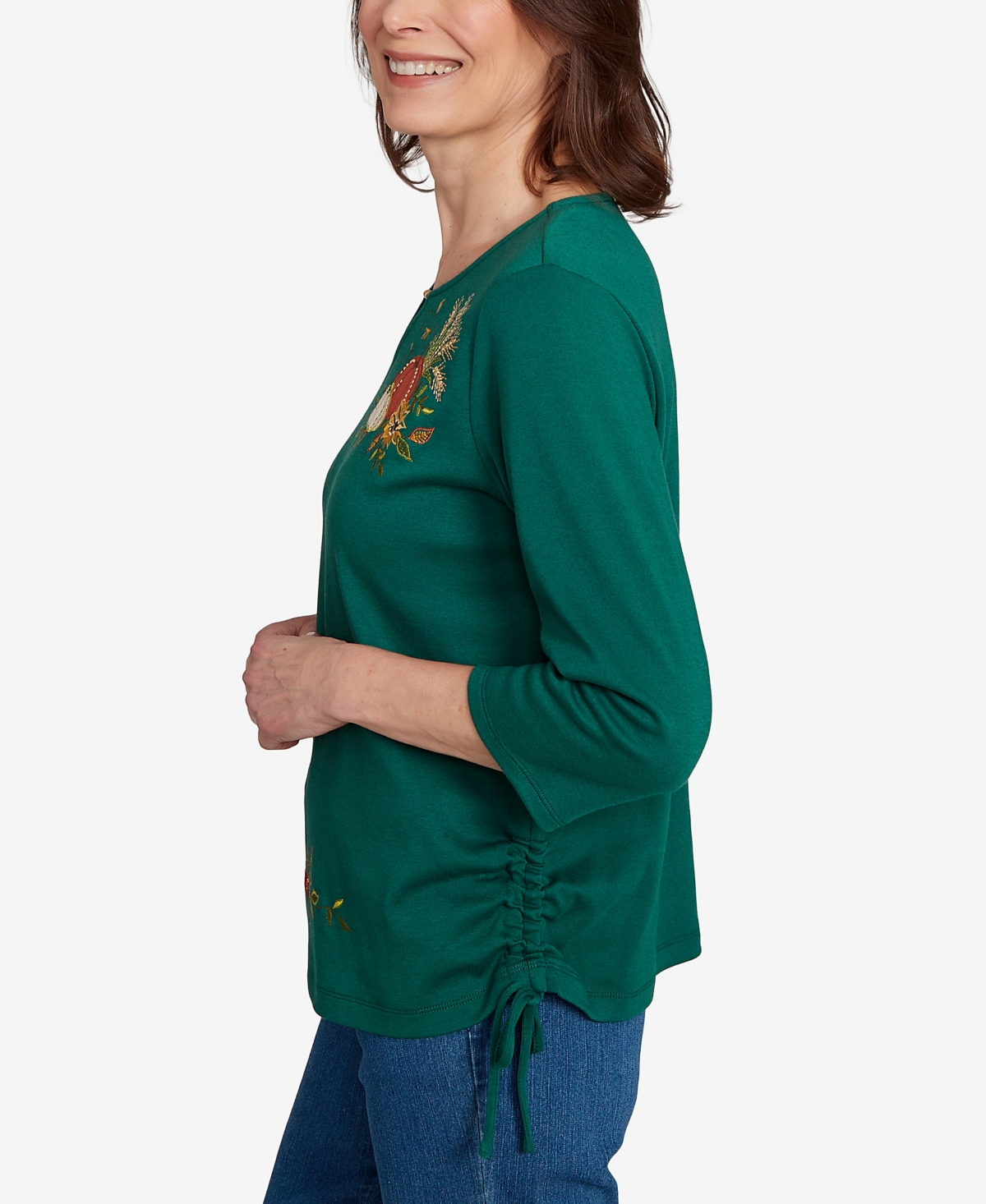 Alfred Dunner Petite Asymmetric Beaded Top In Green