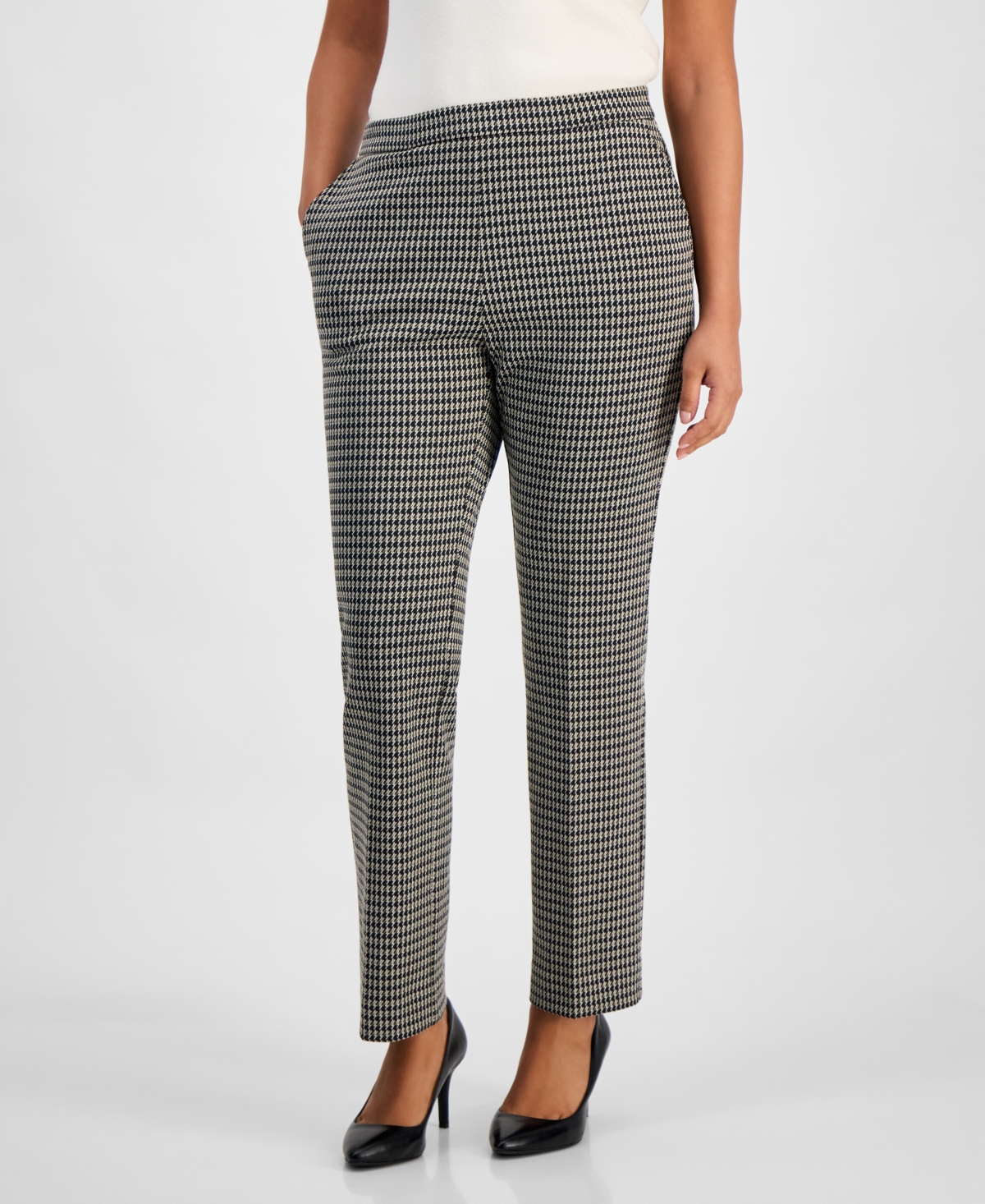 Ak Anne Klein Petite Houndstooth Mid Rise Pull-on Pants In Gray