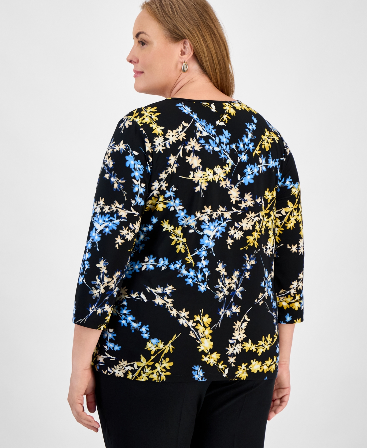 Jones New York Plus Printed Keyhole Hardware 3/4-Sleeve Top