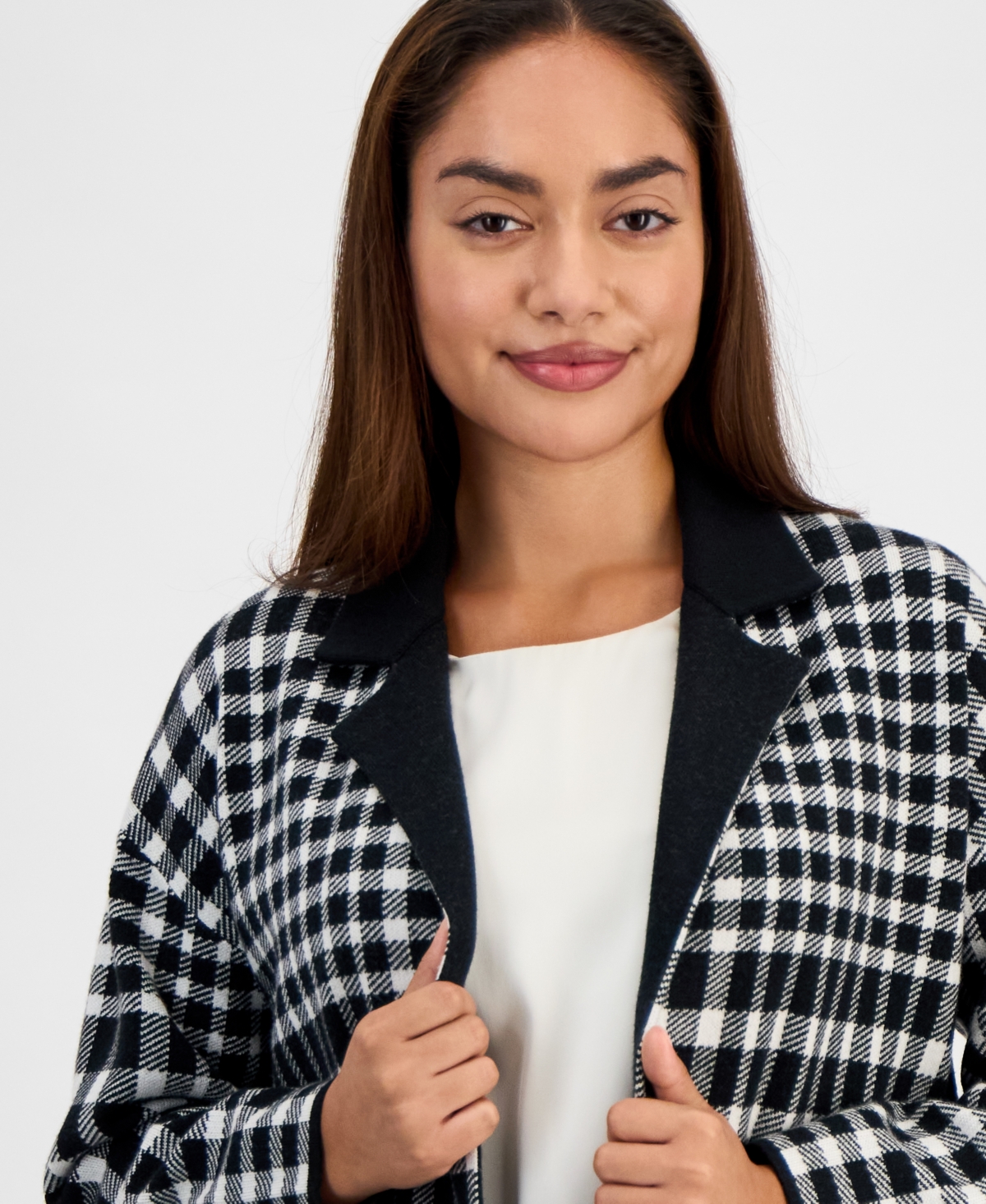 Ak Anne Klein Petite Notched-lapel Plaid Blazer In Multi